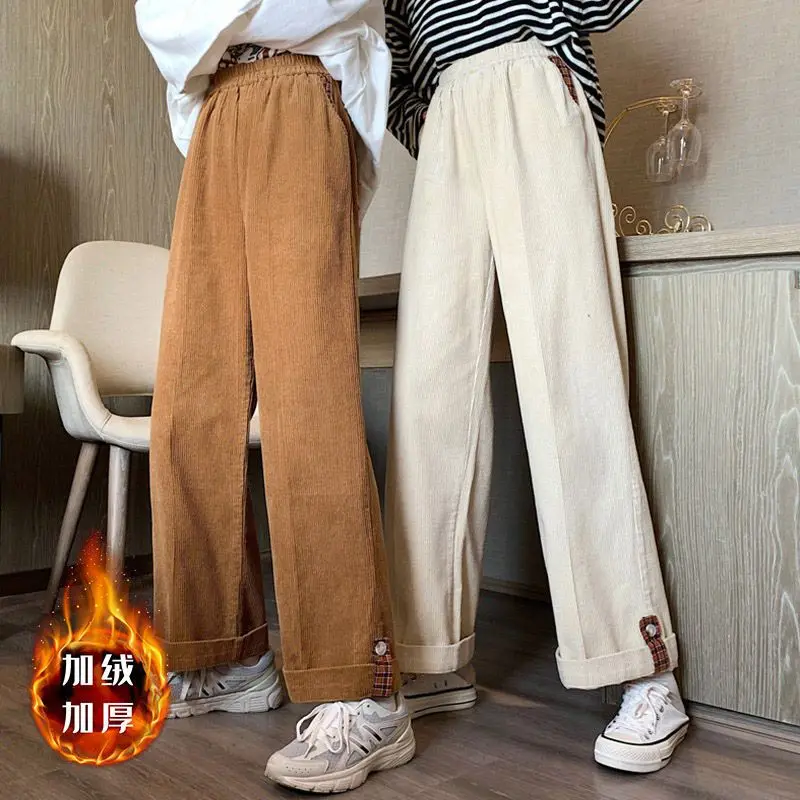 Vintage Corduroy Straight Pants Autumn Winter Elastic Waist Solid Loose All-match Wide Leg Pants Casual Fashion Women Clothing