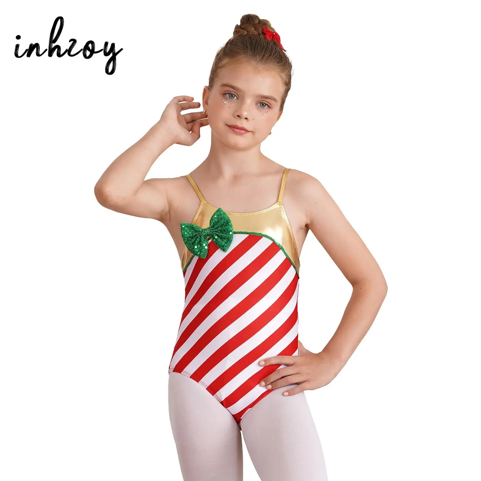 

Kids Girls Christmas Striped Dance Leotard Ballet Gymnastics Performance Jumpsuit Unitard Spaghetti Strap Candy Cane Costume