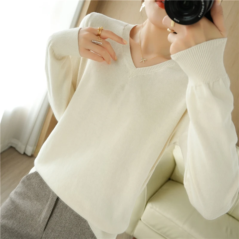 

Spring And Autumn Pure Cotton Long-Sleeved Knitted Sweater Women's V-Neck Pullover Thin Solid Color Loose Fashion Casual Top