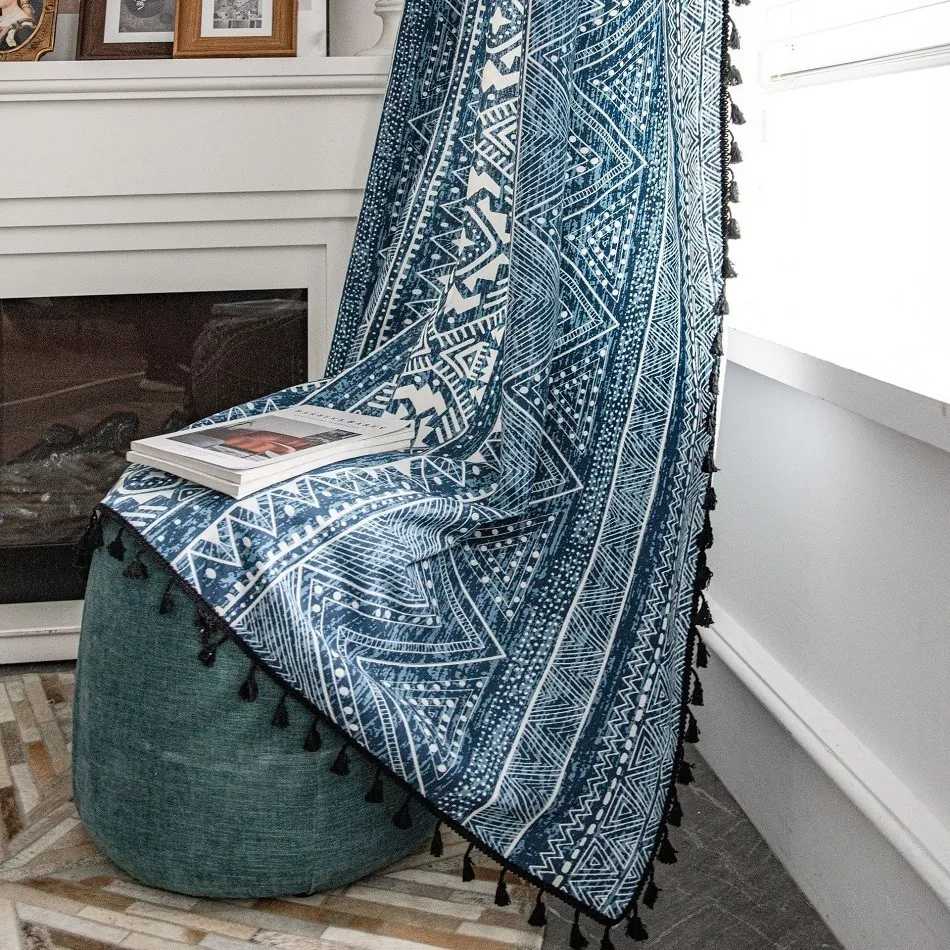 Half Blackout Curtains Boho Blue Geometric Printing Curtain for Living Room Kitchen Backdrop Curtain Cortina Home Decoration 2