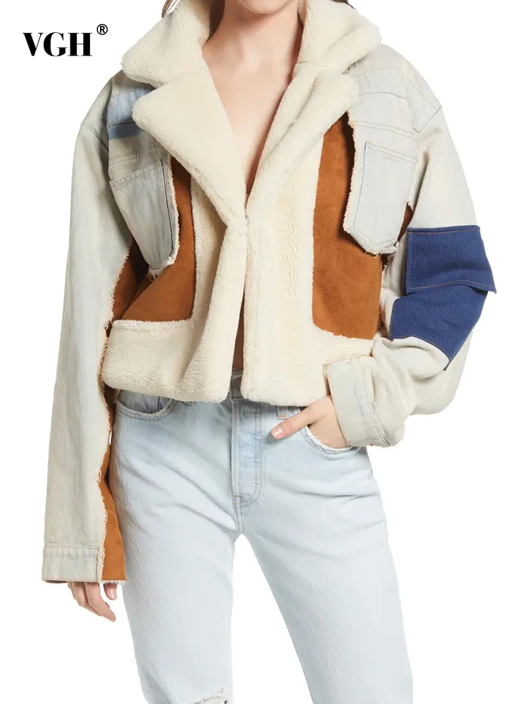 

VGH Patchwork LambsWool Denim Coats For Women Lapel Long Sleeve Colorblock Spliced Pocket Winter Thick Coat Female Fashion New