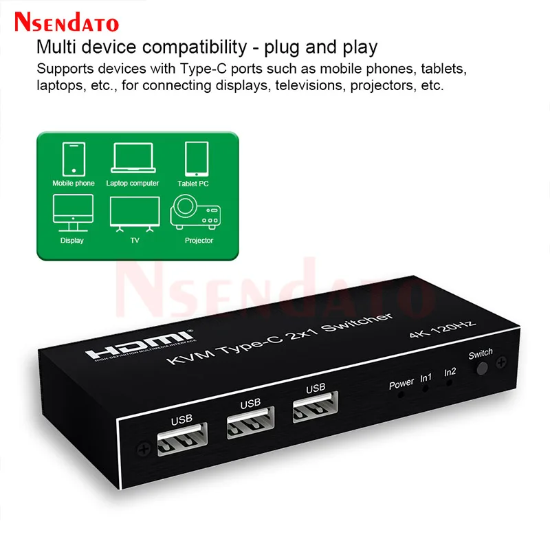 USB KVM Type C to HDMI Adapter Switch 4k 120hz 2X1 KVM Type-C Switcher With PD100W Fast Charge For Mouse Keyboard U disk Printer