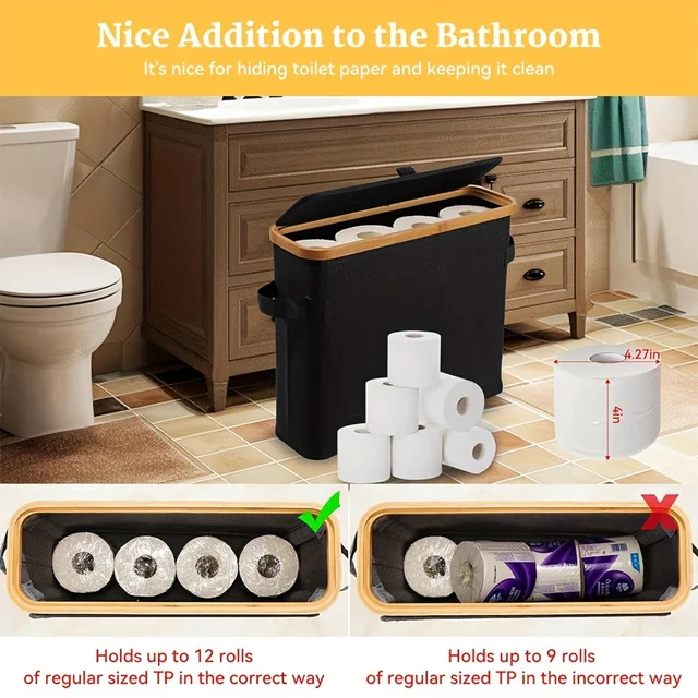 Porte-papier hygiénique en bambou avec couvercle - Organisateur de salle de bain autonome avec poignée, boîte de rangement de mouchoirs fermée 2