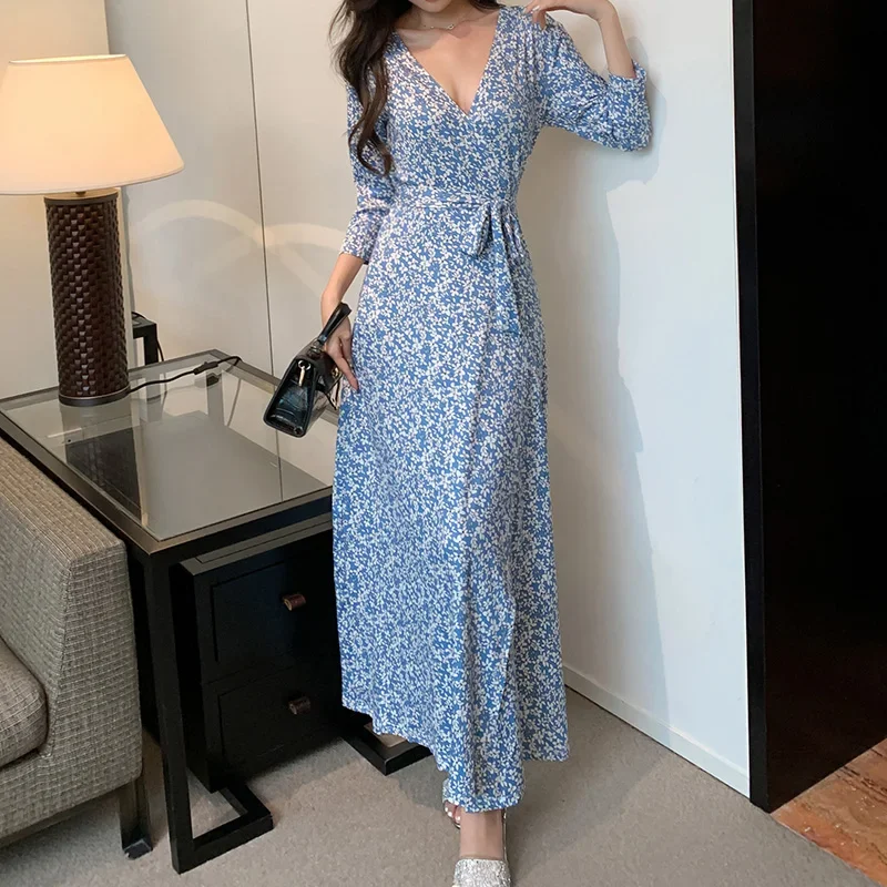 Chic A line Long Sleeves Blue Floral Holiday Dresses Autumn Women's Dress