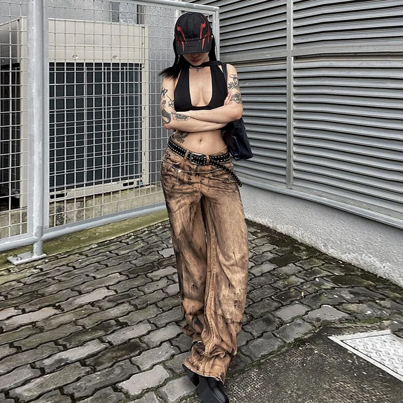 

Vintage Grunge Tie Dye Y2K Women Jeans Fairycore 2000s Aesthetic Denim Pants Straight Leg Gradient Trousers Clothing