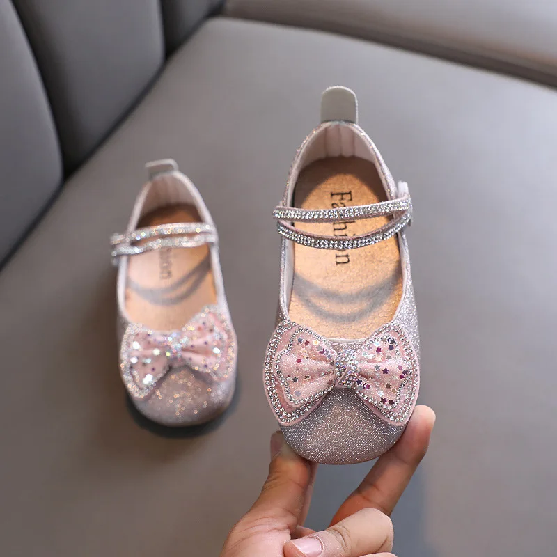 Spring Autumn New Girls Leather Shoes Princess Cute Bow Rhinestone Baby Shoes Soft Bottom Kids Dance Performance Shoes H507