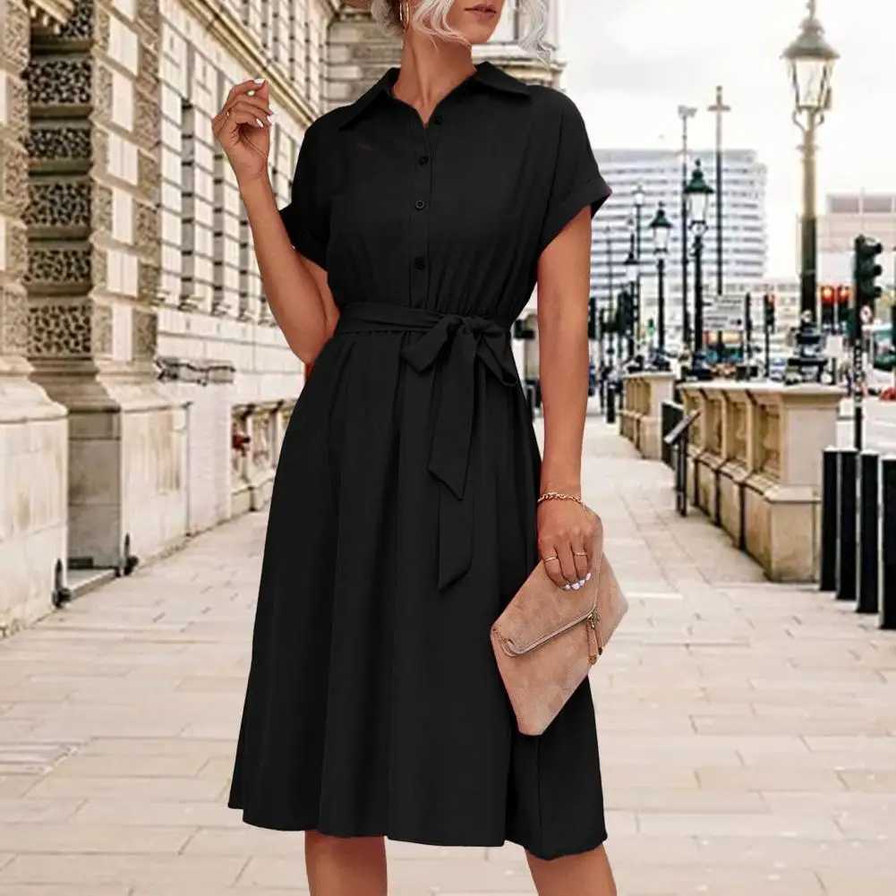 

Fashion Women Party Dress Slim Waist Button Closure A Line Summer Ladies Midi Dress Ruffle Women Casual Dress Dating Wear