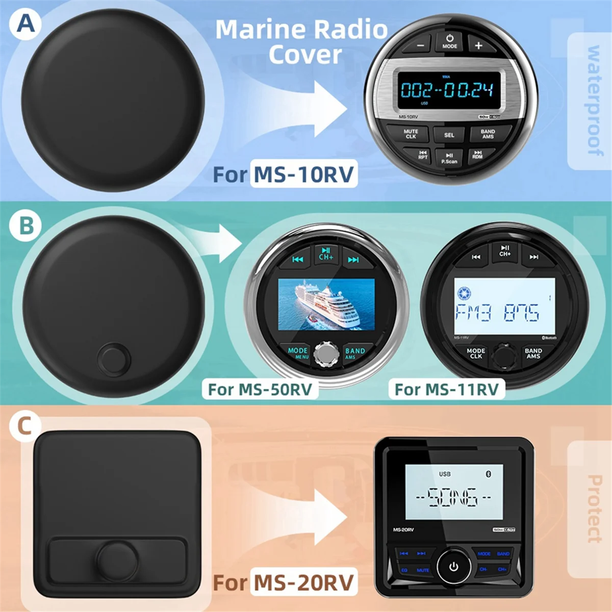 For Marine Radio Cover MP3 MP5 FM Boat Radio Soft Silicone Protector Waterproof Suit for UTV ATV SPA RZR A