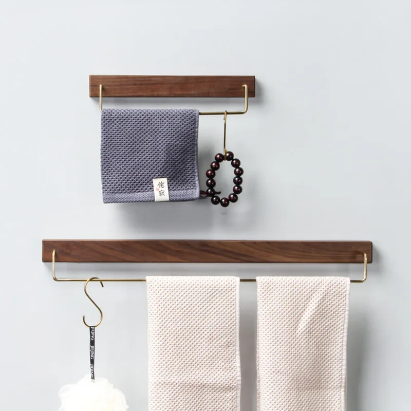 Black Walnut Wood Towel Rack Wall Mounted Retro Towel Bar Wooden Holder Brass Rail Brass Hooks for Bathroom Kitchen