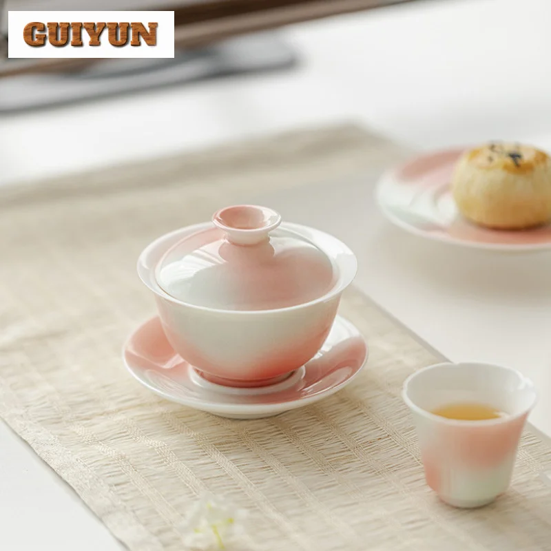 130ml Grapefruit Jasmine Ceramic Sancai Gaiwan Aesthetic Gradual Color Tea Tureen Tea Maker Cover Bowl Ceremony Decoration