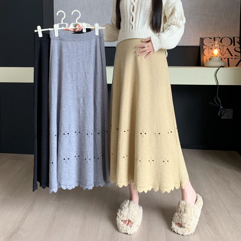 Pregnant Women Winter Fashion Style Tall Waist Abdomen Knitting Skirts High Waist Full-skirted Plaid Umbrella Skirts Black Gray