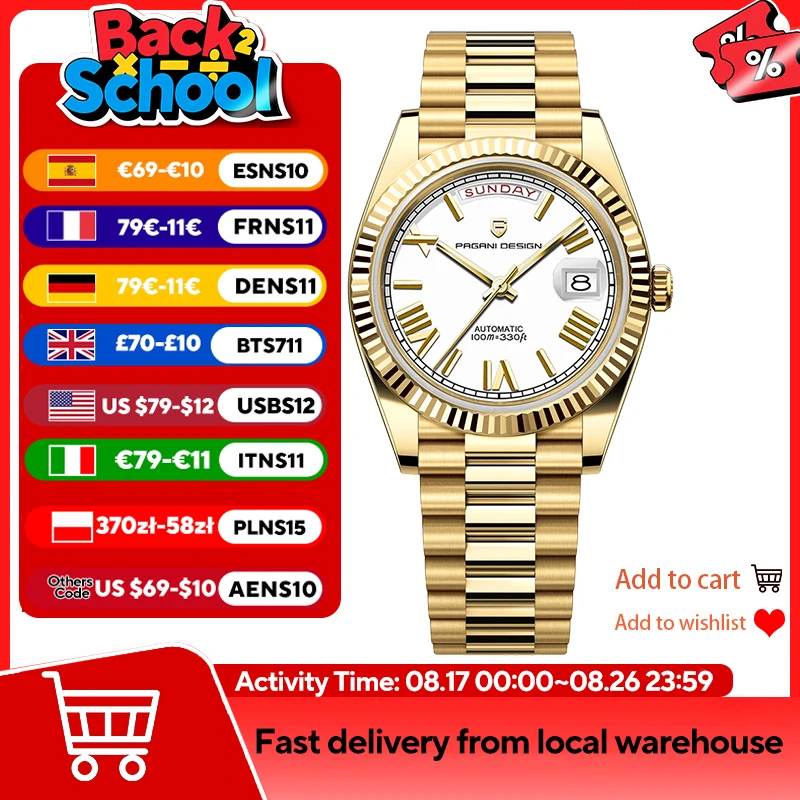 PAGANI DESIGN 2026 New DD36 Gold White Luxury Automatic Watch Men AR Sapphire Glass Date Week Mechanical Wristwatch Men ST16 Mov