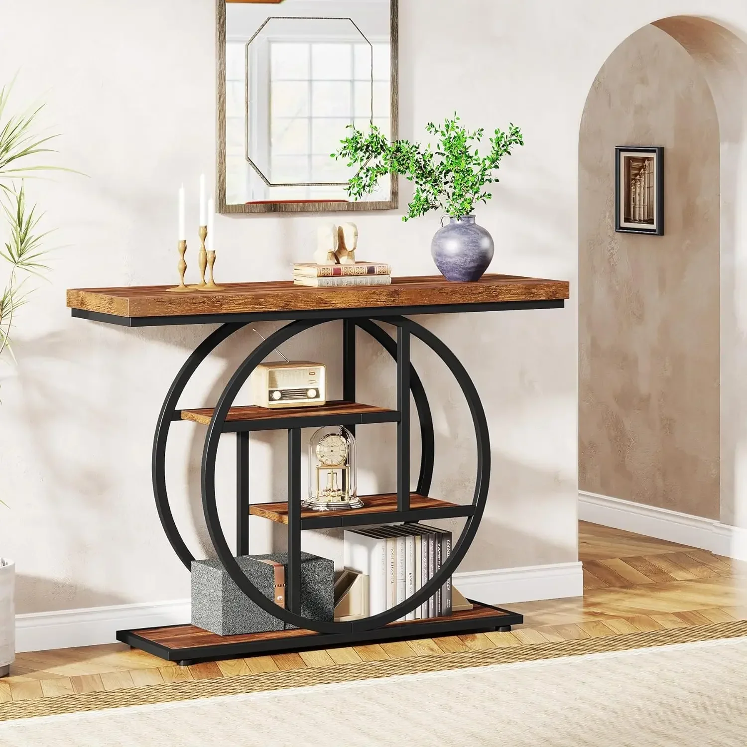 New2025-41.3" Console Table, Industrial 4-Tier Sofa Table Entryway Table with Circle Base