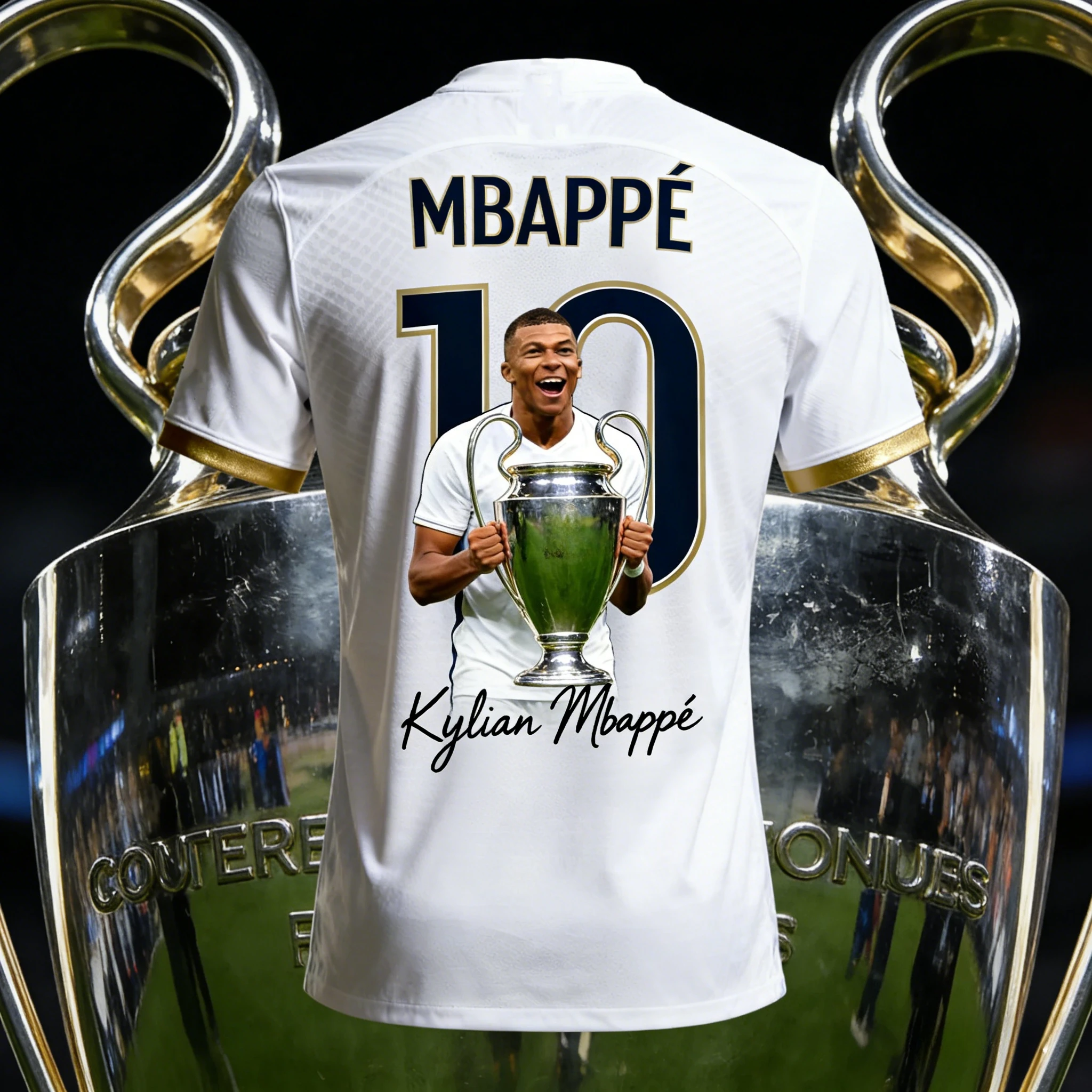 Mbappé Real Madrid Trophy Portrait Print Jersey T-Shirt, Herren Damen Weißgold Kurzarm Casual Streetwear Fußball-Fan-T-Shirt