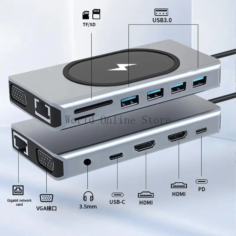 2개의 호환 출력, 이더넷, USB 연결 및 전원 충전 기능을 갖춘 휴대용 USB C 허브 87HC