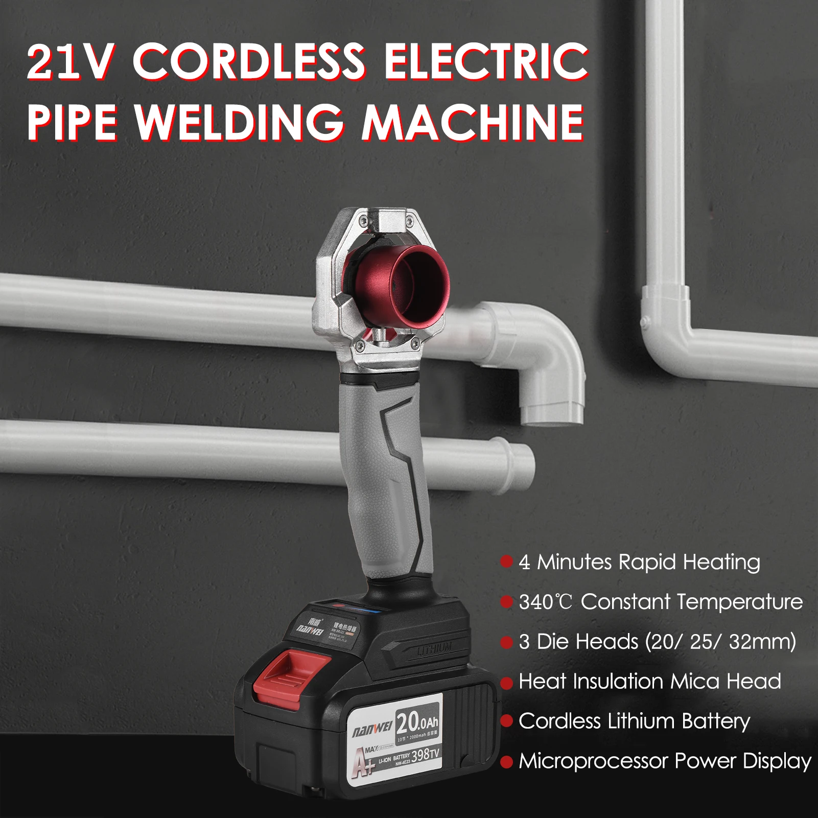 NANWEI 21V Hot Melt Machine Cordless 340℃ PPR PE PVC Water Pipe Melter Plastic Welding Machine with Replacement Heads 6