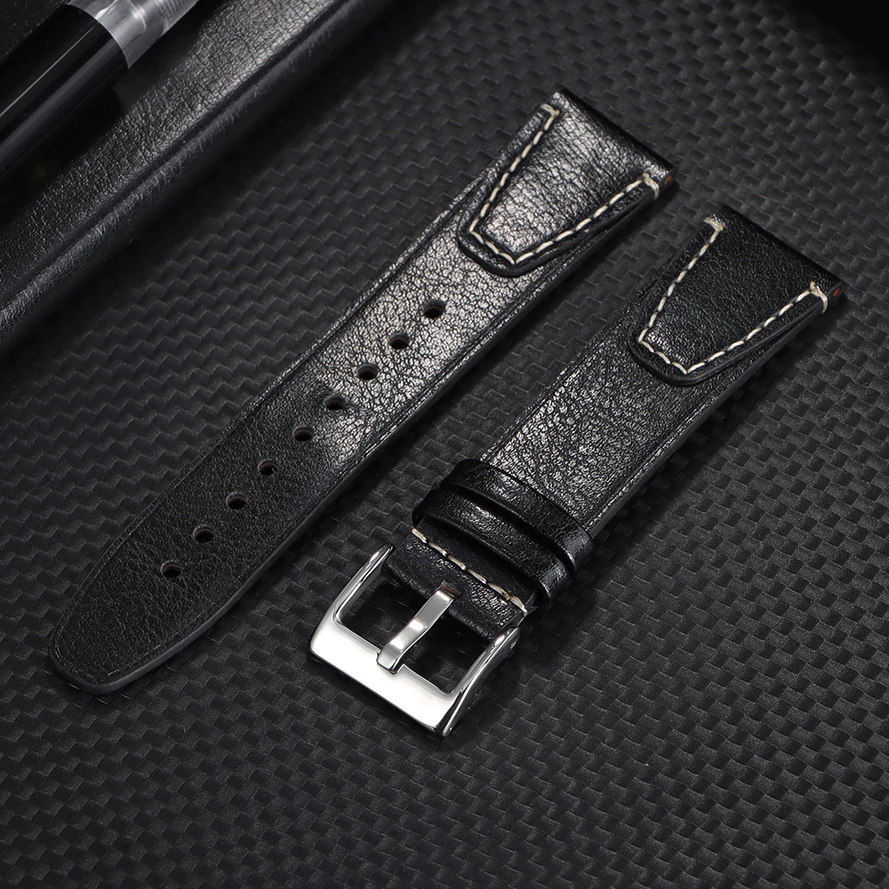 Vintage Oil Wax Leather Watchband with Stitching in Brown
