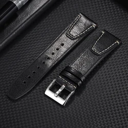 Vintage Oil Wax Leather Watchband with Stitching in Brown - 22mm (Black)