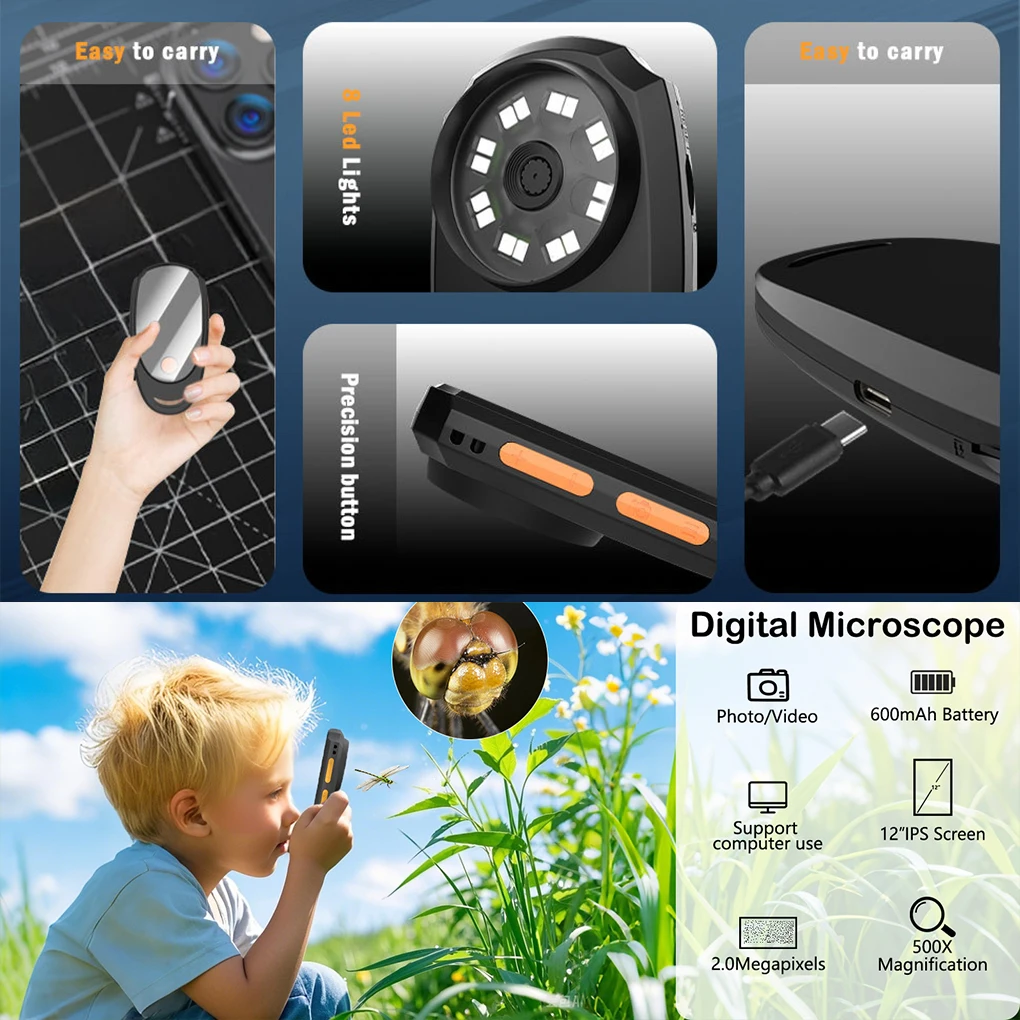 Portable Magnifying Glass for Kids Handheld Digital Microscope with 2.0 Inch IPS Color Screen, 8 Adjustable 3-Level LED Lights