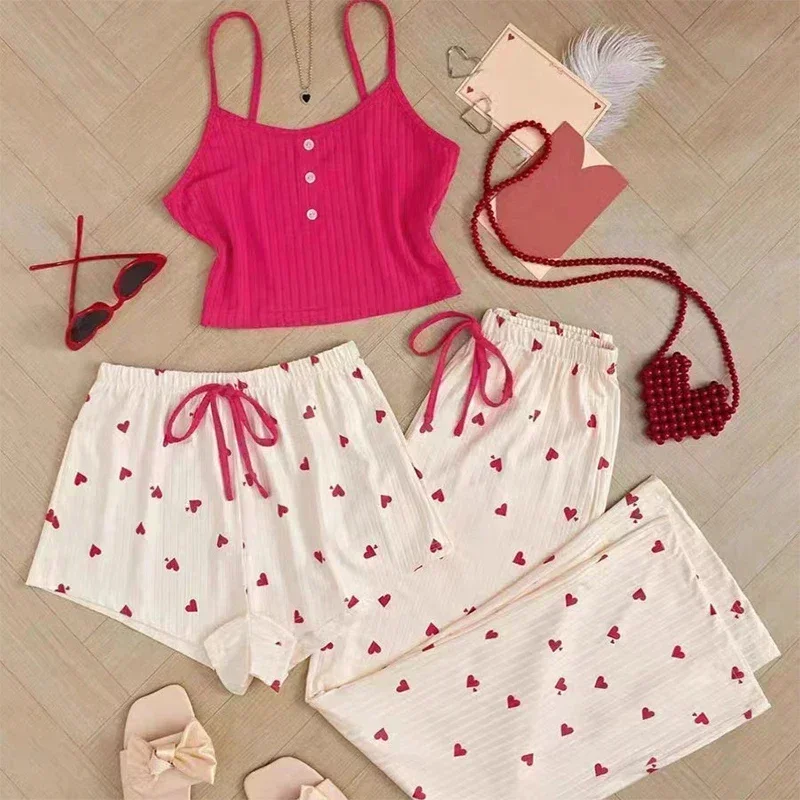 3Pcs Women's Pajamas Heart-Shaped Printed Vest Shorts and Pants Paired with Ribbed Fabric for Home Casual Women's Sleepwear Set