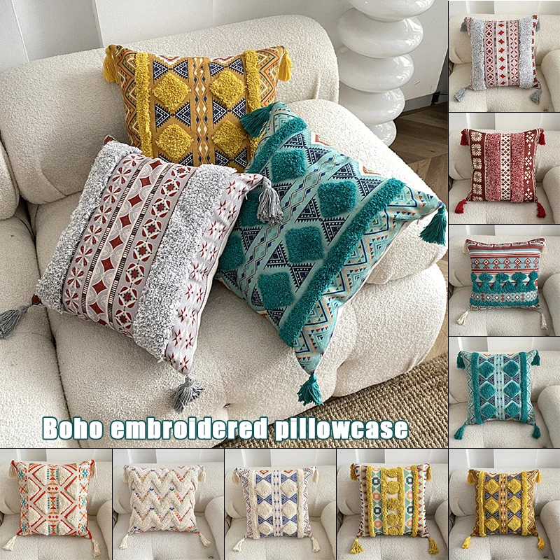 

Boho Embroidery Cushion Cover Ethnic Style Tufted Pillow Cover Sofa Tassel Pillowcase Bedroom Bedside Decoration Cushion