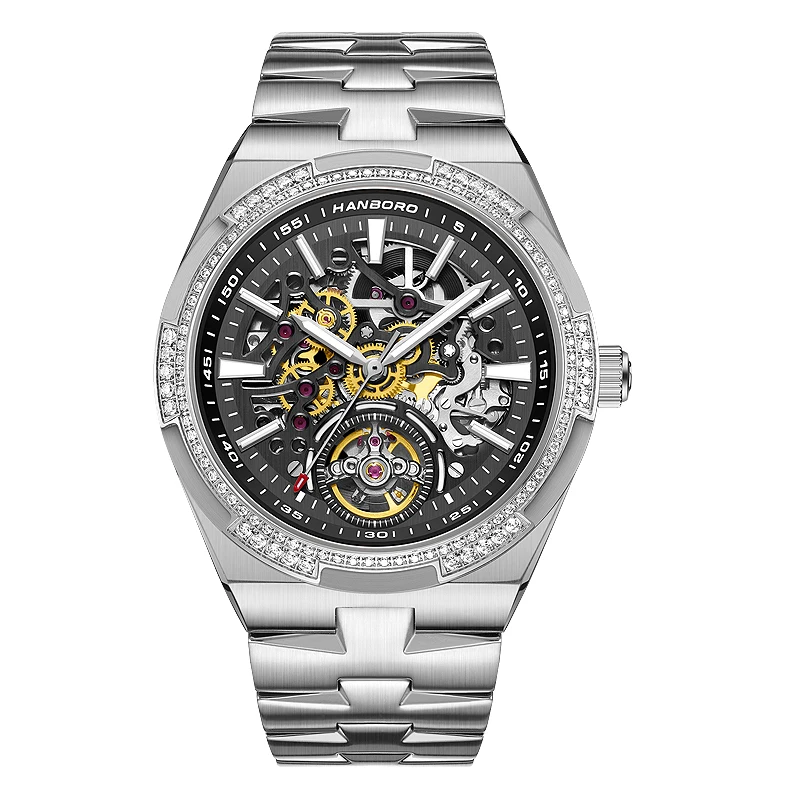 

Мужские автоматические часы HANBORO 42 мм роскошные механические наручные часы 50 м водостойкие светящиеся сапфировые часы-скелетоны с кристаллами 110 шт.