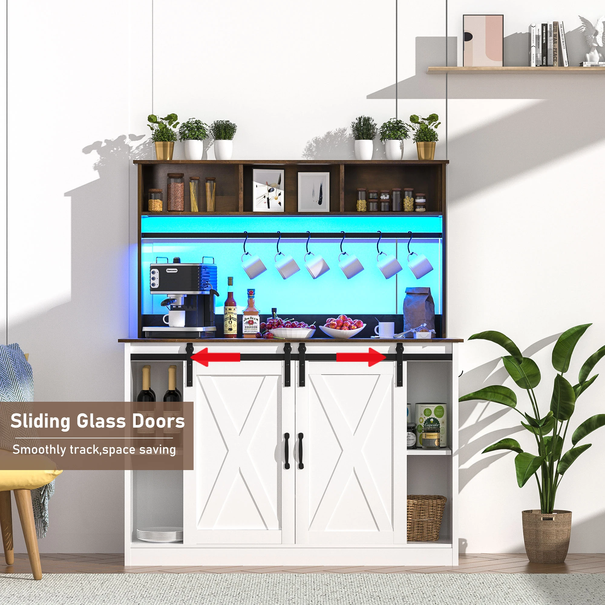 LED Coffee Bar Cabinet w/Sliding Barn Door, 6FT Outlet,Adjustable Shelf, Liquor Cabinet Bar w/9PCS Bottles Storage, 6PCS Hook