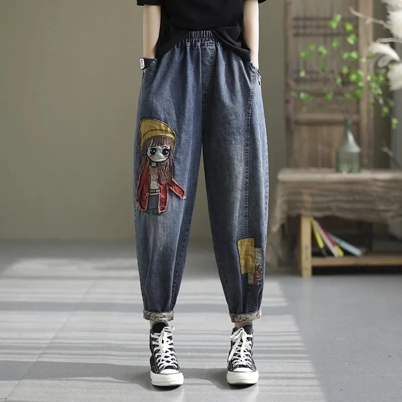 Autumn Retro Embroidered Cartoon Girl Denim Trousers Women's Fashion Streetwear High Waist Patchwork Trousers Christmas Jeans