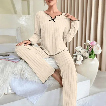 Flannel Warm Sleepwear Women Casual Pajamas Set Long Sleeve T-shirt Top and Trousers Set Homewear Autumn Winter Loungewear 1
