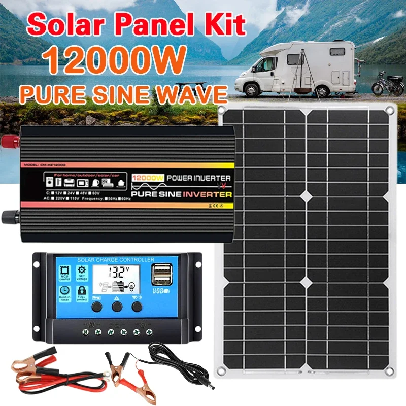 10000W 12000W Solar Panel Kit 12V To 110V/220V Pure Sine Wave Power Inverter Battery Charger Controller For Rv Travel Van Camper
