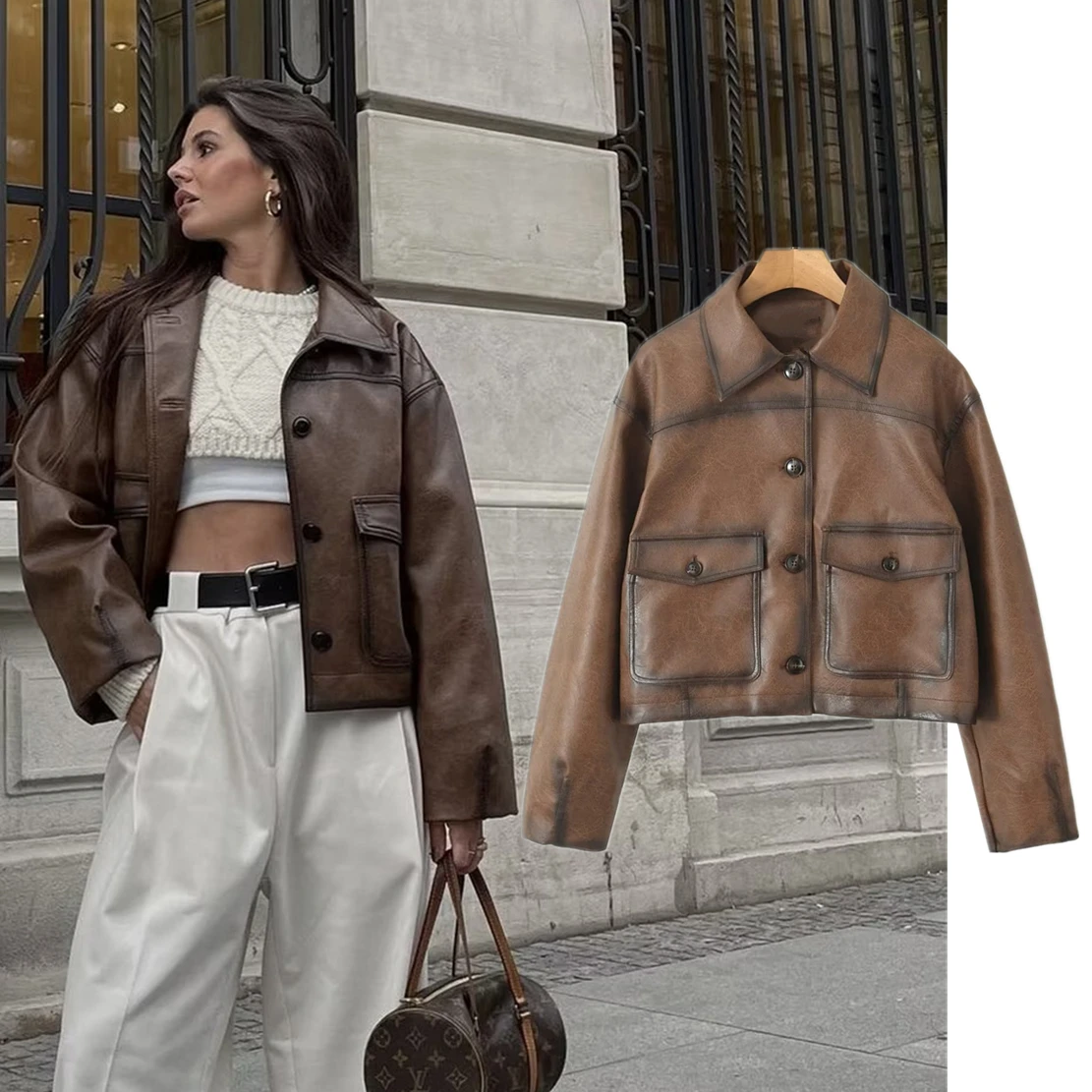 Withered French Fashion High Street Vintage Washed Leather Jacket with Lapel Pockets Brown Motorcycle Leather Coat Women