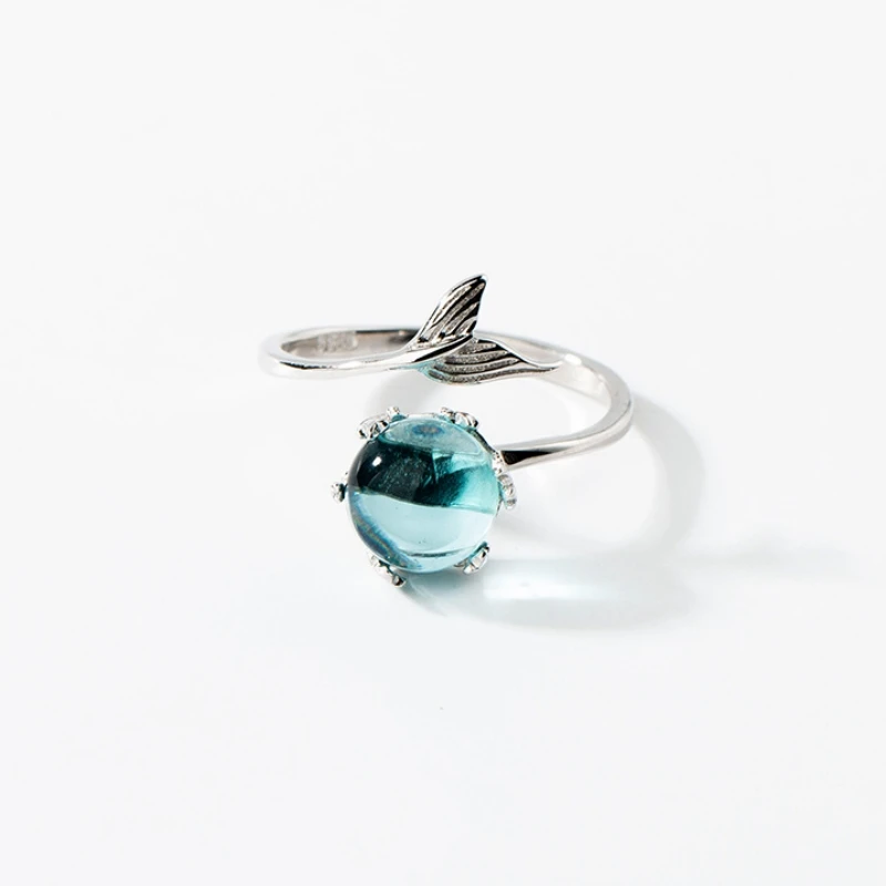 WYEAIIR 925 Sterling Silver Mermaid Blue Crystal Fish Tail Whale Resizable Opening Ring For Women Luxury Jewelry 6