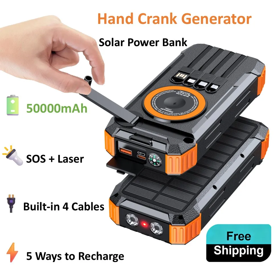Batería externa solar 5 en 1 de 50000 mAh con manivela, carga rápida, 4 cables integrados, carga inalámbrica y luz láser