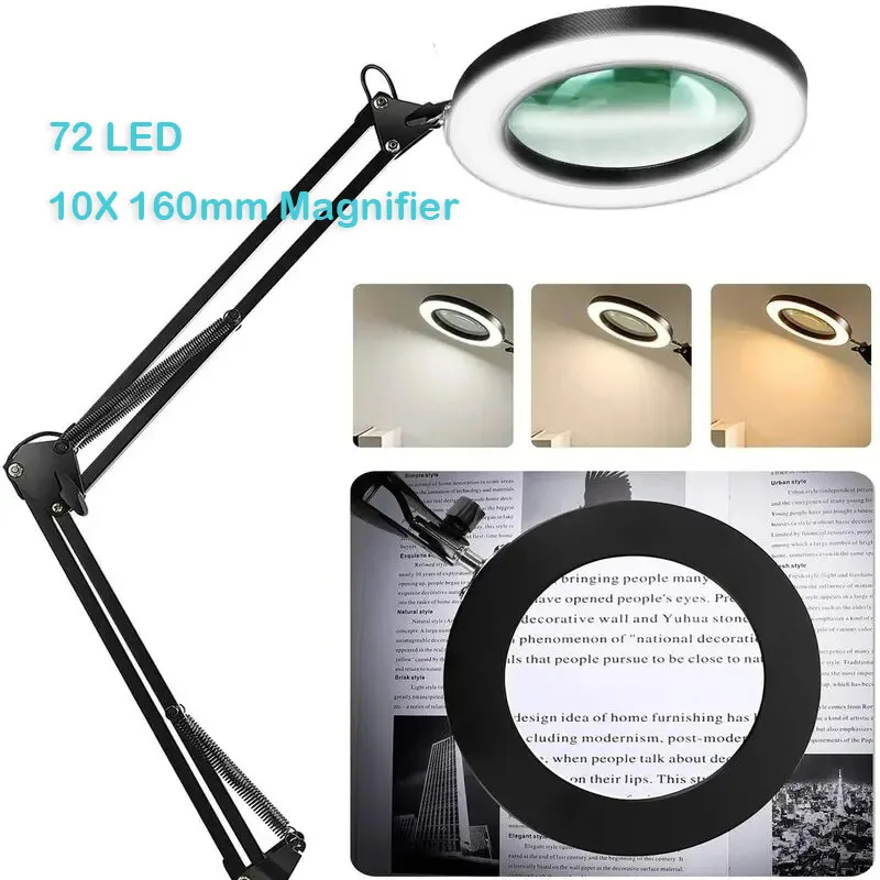 Magnifying Glass 72LED 8X/10X Illuminated USB 3 Colors For Skincare Beauty/Table Lamp/Soldering Iron Repair