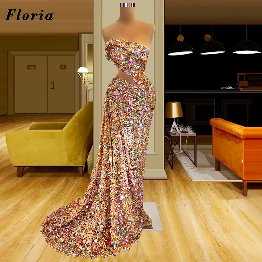 

Floria Shiny Sequins Mermaid Prom Dresses Strapless Celebrity Dress For Dubai Arabic Luxury Long Evening Dress 2022 Custom Made
