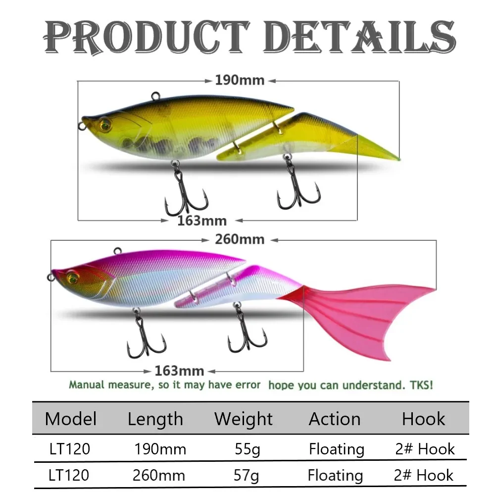 TSUYOKI Swimbait Jointed Lure, Freshwater, Floating Wobbler, Two Tails, Big Giant Fishing Lure, DaVinci 190, 55g, 190mm