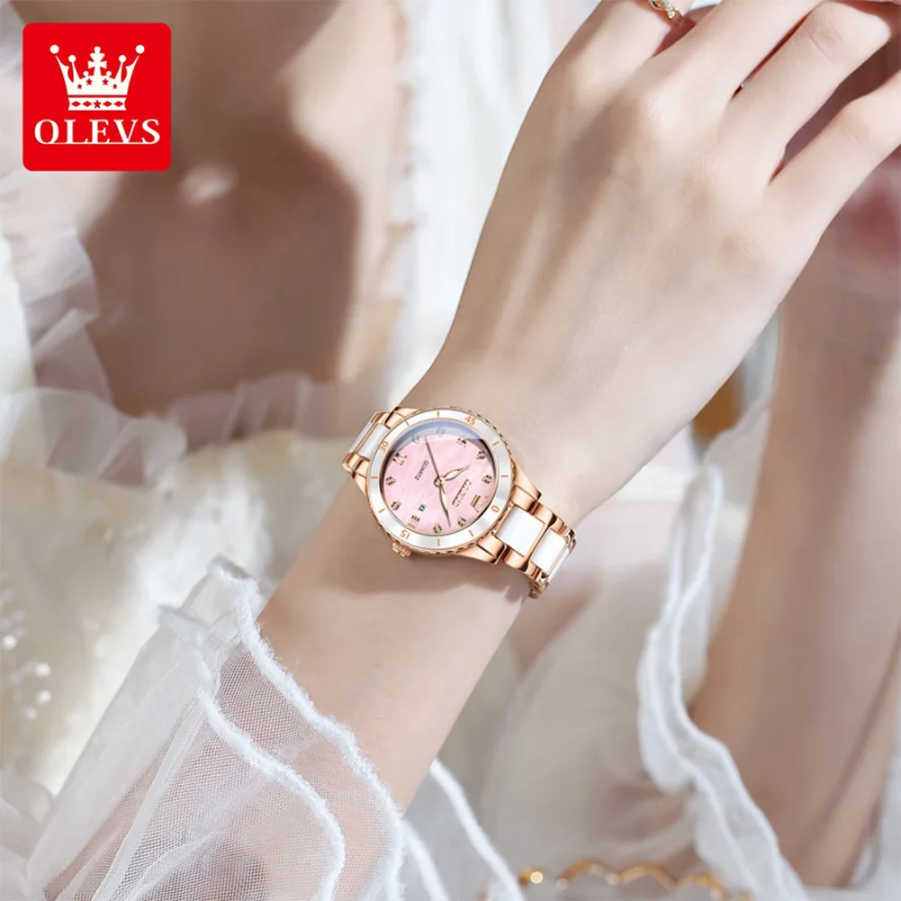 OLEVS 9985 Women's Watch Zircon Scale Waterproof Date Quartz Watch For Women Ceramic Steel Strap Luminous Ladies Wristwatch