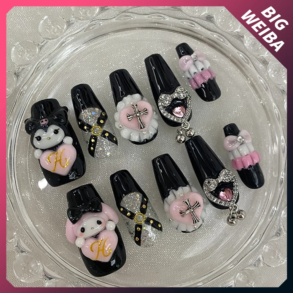 Diy Sanrios Kawaii Nail Hello Kitty Mymelody Kuromi Detachable Black