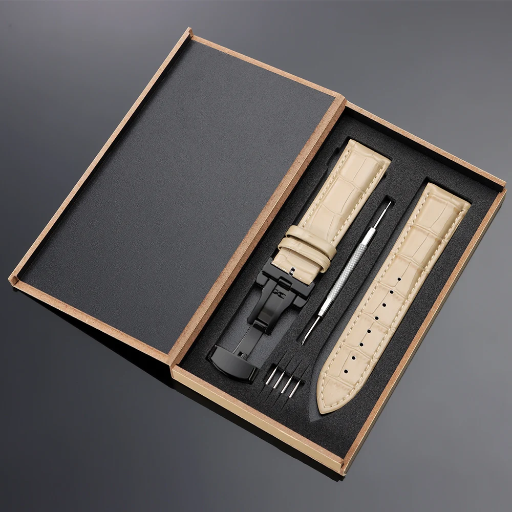 Vintage Leather Watch Band with Wooden Box and Butterfly Clasp