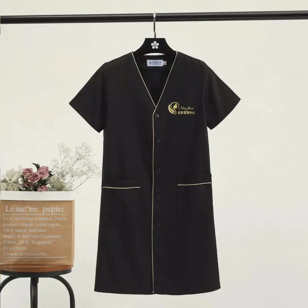 Black Short Beautician Tops Beauty Uniform Dress Spa Uniform Scrub White Plus Size Salon Grooming Clothes Lab Coat Logo women blouse shirt