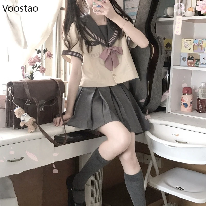 Japanese School Girl JK Uniform Women Kawaii Bow Blouses High Waist Mini Pleated Skirts Sets Girls Cute Sailor Uniform Costumes japanese school uniform japanese schoolgirl skirt