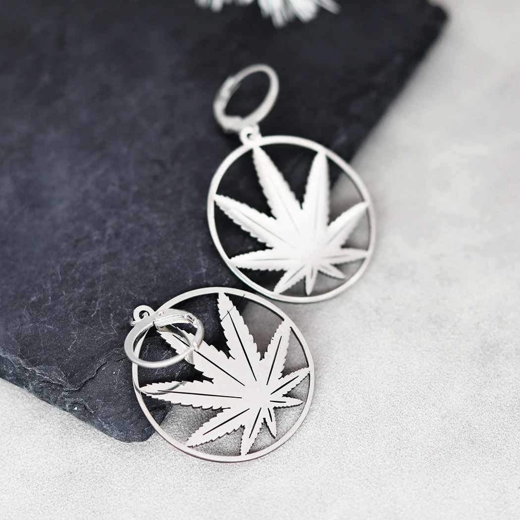 QIAMNI Stainless Steel Round Pot Leaf Hoop Earrings for Women Weed Jewelry Fashion Palm Leaves Drop Statement Piercing Ear 3