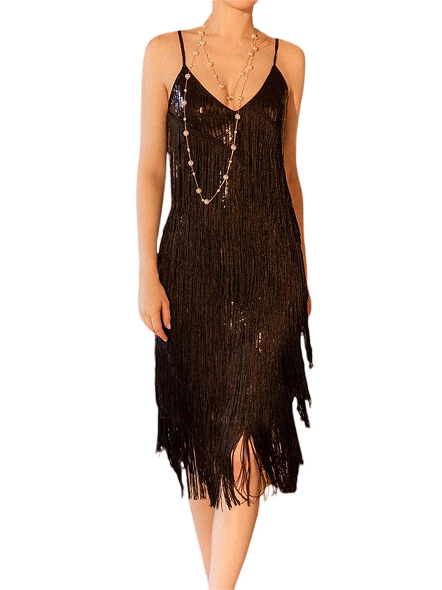 

Sparkling Sequin Halter Dress with Low Cut Back and See-Through Sleeveless Design - Perfect for Nightclubbing and Parties