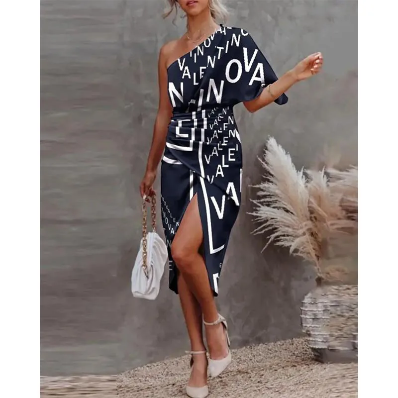 

Woman Summer Sleeveless Sexy Dresses Oblique Shoulder Tunics Midi Letter Printing Split Fold Fashion Female Y2k Mini Dress 2022