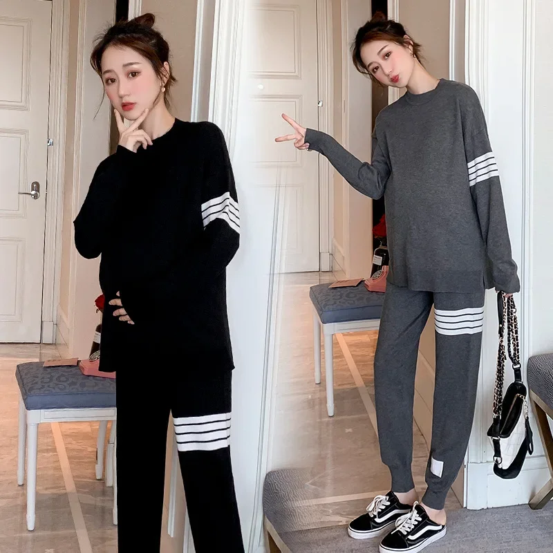 Fashionable Autumn Pregnancy Outfits Korean Style Sweater Two-Piece Set Trendy Maternity Clothing Winter Wear
