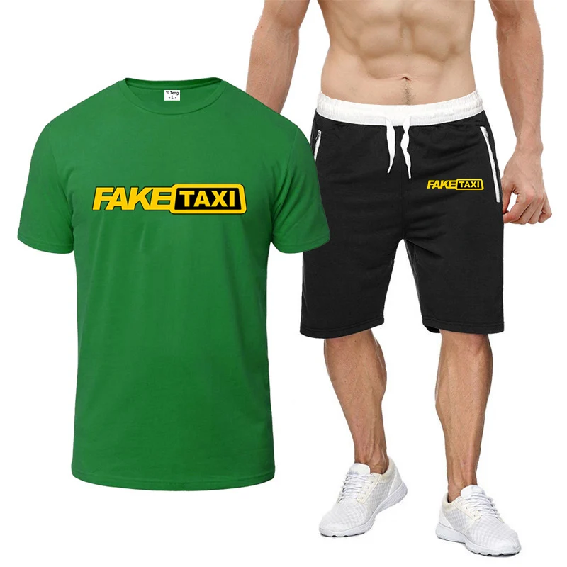 Fake taxi printing fashion 2023 new men's summer solid color short sleeve eight-color breathable casual T-shirt sweatpants 2-pie