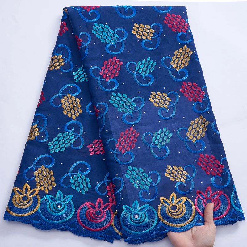 

African Dry Cotton Lace Fabric 2022 5 Yards Blue Swiss Voile Cotton Lace Fabric With Stones For Nigerian Party Dress 3049A