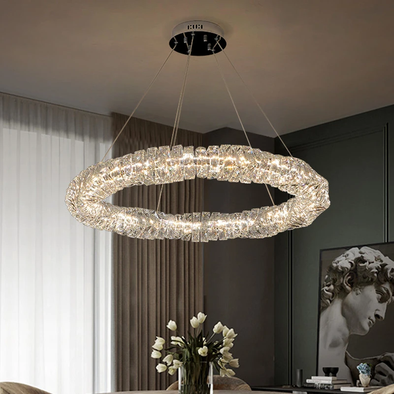 

Modern Restaurant Remote Control Dimmable Chandelier Lustre Crystal Pendant Lights Luxury Round Living Room Led Luminarias Lamp
