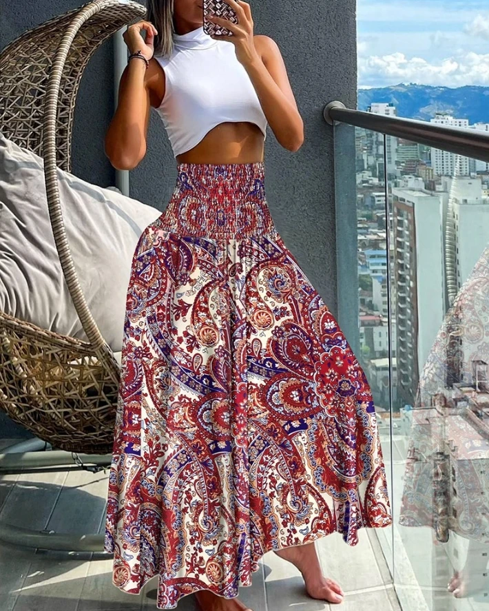 

Casual Half Skirts for Women 2024 Summer Boho Print Elastic High Waist A-Line Big Swing Long Dress Vacation Beach Robe Skirt