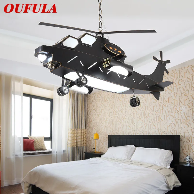 

OUFULA Children's Airplane Pendant Lamp Vintage LED Creative Fashion Cartoon Helicopter Light For Decor Kids Room Kindergarten